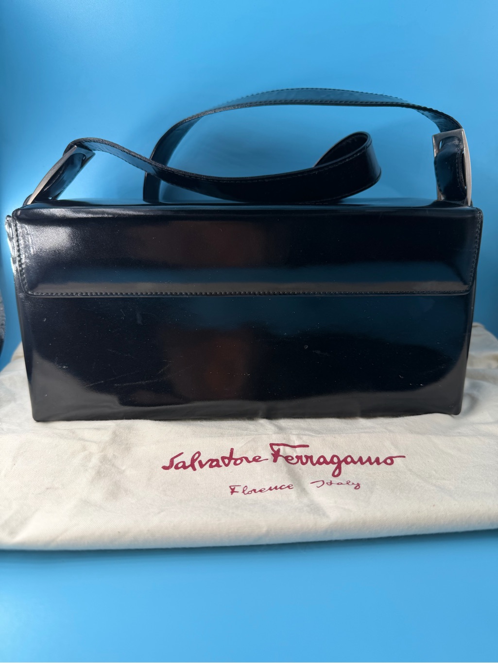 Salvatore Ferragamo Black Patent Leather Box Shoulder Bag Vintage 90s